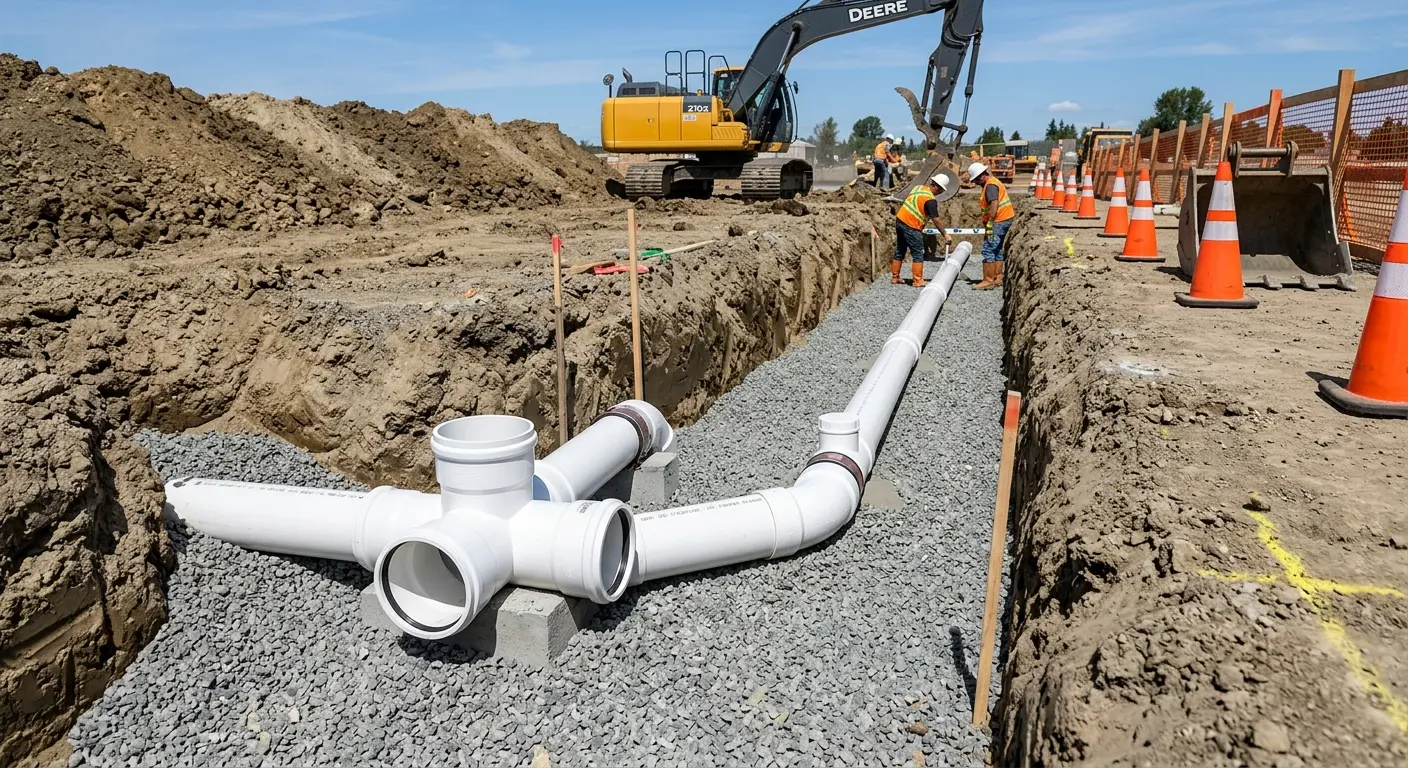New PVC sewer pipe installation in open trench for Commercial Drain Cleaning in Caldwell
