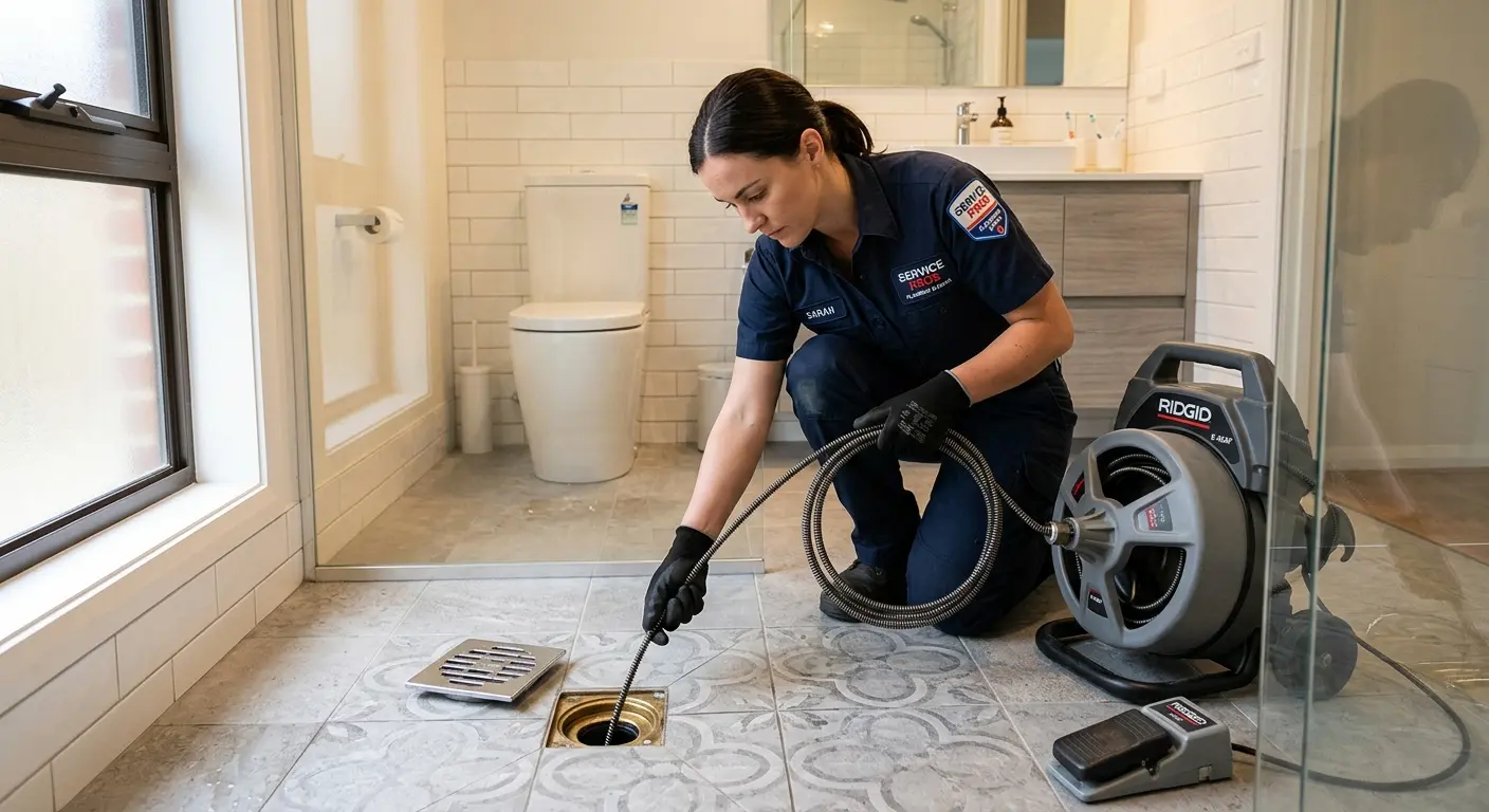 Technician clearing a bathroom floor drain for Hydro Jetting in Caldwell